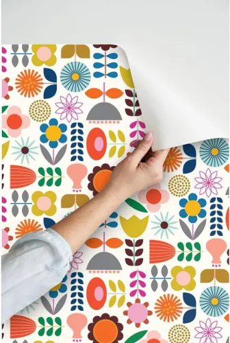Miniatura 3 de Spoonflower Despegar y pegar papel tapiz Muestras - Mod Jardín escandinavo Scandi Arte Flores Margarita Azul Marino Naranja Rosa Vivero Floral