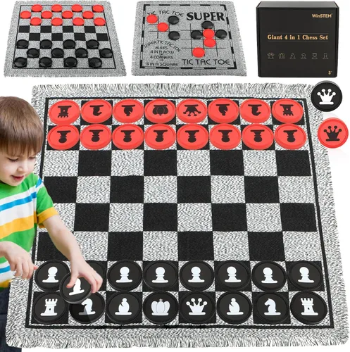 Juego de ajedrez gigante 4 en 1, ajedrez gigante y damas gigantes y dedo grande de Tic Tac, juego de mesa de ajedrez gigante para niños y adultos,