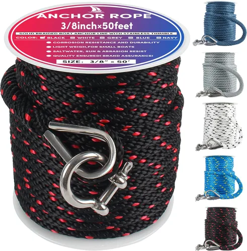 Miniatura 33 de Cuerda de anclaje premium de 100 pies x 3/8 pulgadas, cuerda marina de línea de anclaje MFP trenzada sólida con dedal y grillete, color negro