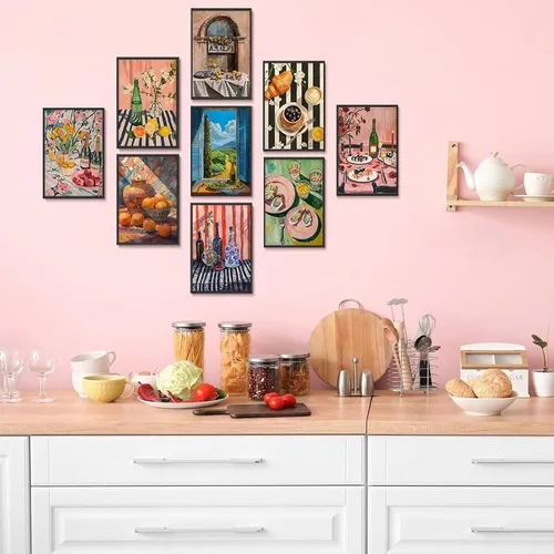 Miniatura 5 de 9 piezas de arte de pared de cocina coloridos alimentos para decoración de pared, fotos, bebidas, frutas, bar, carrito, lienzo, impresiones