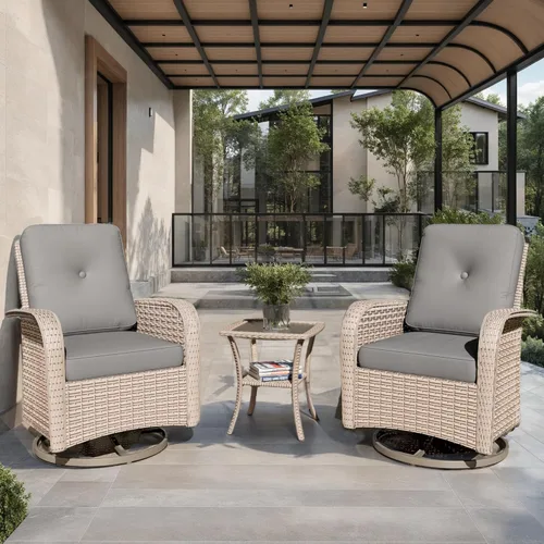 Miniatura 13 de Juego de muebles de patio de 3 piezas, sillas mecedoras giratorias para exteriores con mesa auxiliar de ratán, juegos de mimbre para patio