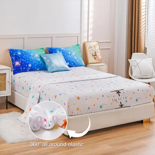 Miniatura 3 de A Nice Night Juego de ropa de cama de 6 piezas con purpurina degradada para niñas, juego de edredón colorido de galaxia arco iris, juegos de ropa