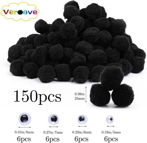 Miniatura 2 de Veroave Pompones negros, 150 pompones de 1 pulgada para manualidades, bolas de soplo, manualidades y manualidades para decoración de manualidades