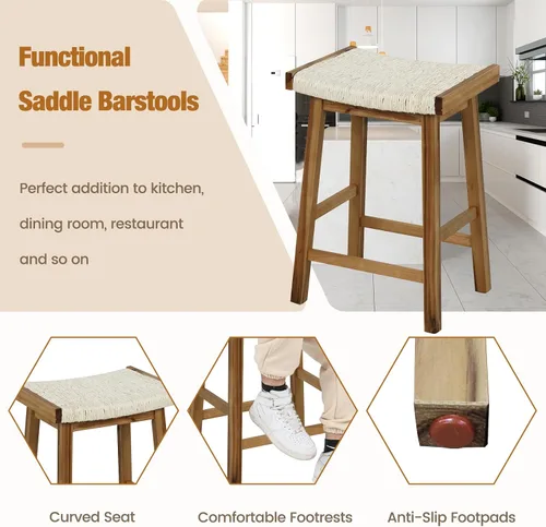 Miniatura 7 de COSTWAY Juego de 2 taburetes de comedor de 25.5 pulgadas de altura de mostrador con asiento tejido de algas marinas, madera de goma, marco de madera