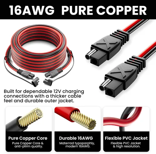 Miniatura 2 de POWOXI Cable de extensión SAE de 30 pies de 16 AWG, arnés de cables de desconexión rápida, conector SAE a SAE para panel solar, batería de cable