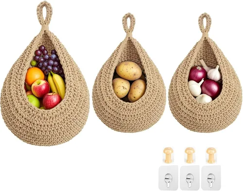 Miniatura 8 de Cestas colgantes de frutas para cocina, paquete de 3 cestas bohemias de cuerda de algodón tejida a mano para almacenamiento de verduras montadas