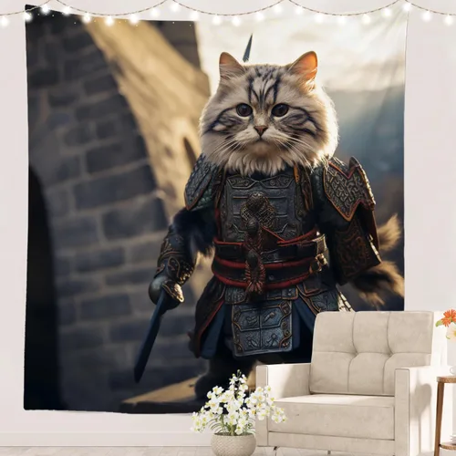 Miniatura 20 de Batmerry Cat In Armor Polyester Tapestry, Cat Armor Sword Warrior Battle Shield Lightweight Wall Hanging High-Definition Print Backdrop For Dorm
