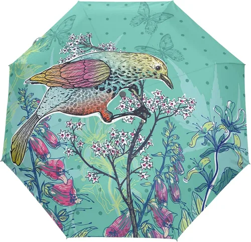 Paraguas plegable con apertura automática, compacto, para lluvia, estilo vintage, retro, pájaro, floral, azul, para mujeres, hombres, niños, viajes,