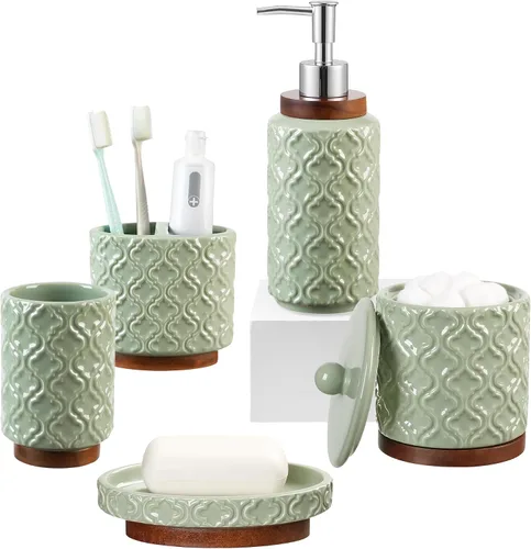 Miniatura 16 de RQYIXI - Juego de accesorios de baño de 4 piezas, soporte para cepillo de dientes, dispensador de jabón, decoración de baño de cerámica y madera