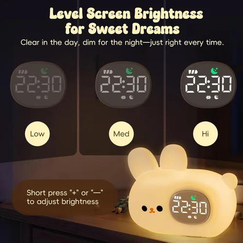 Miniatura 6 de Reloj despertador de conejo con luz nocturna para niños con entrenamiento del sueño y máquina de sonido, lámpara de silicona recargable