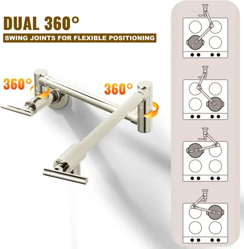 Miniatura 4 de WOWOW Grifo de llenado de ollas de níquel pulido, relleno de olla de latón macizo, montaje en pared, grifo de estufa de cocina con brazos oscilantes