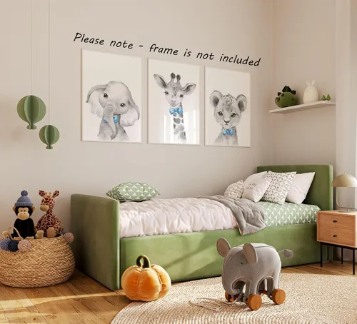Miniatura 4 de Safari Animals - Juego de 3 impresiones artísticas de pared sin marco, carteles de animales grises con pajarita azul, elefante jirafa león, póster