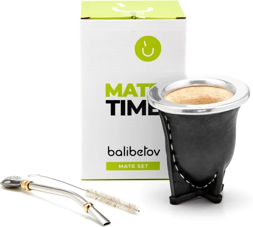 BALIBETOV Juego de calabaza Yerba Mate – Taza mate envuelta en cuero hecha a mano (Vaqueta) con popote de acero inoxidable y cepillo de limpieza
