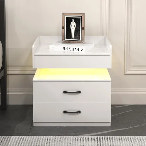Miniatura 15 de Mesita de noche LED para dormitorio, moderna madera con 2 cajones, mesita de noche negra y dorada, mesa auxiliar con luz LED ajustable