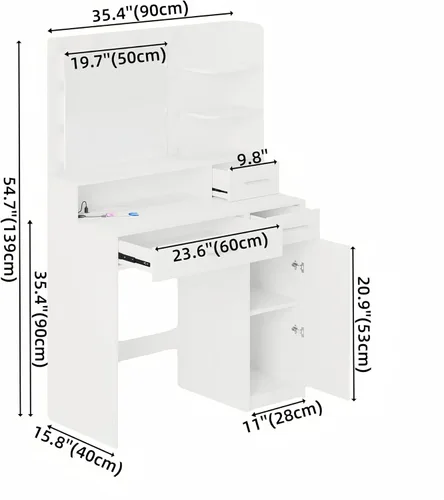 Miniatura 7 de Escritorio de tocador con espejo y luces, mesa de tocador de maquillaje con toma de corriente USB, cajón y estantes de almacenamiento, armario