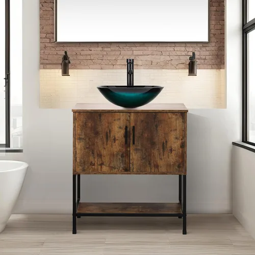 Miniatura 15 de UEV Tocador de Baño de Roble Rústico de 24" con Lavabo, Conjunto de Gabinete de Baño con Marco de Hierro Industrial con Puertas y Estante, con Combo