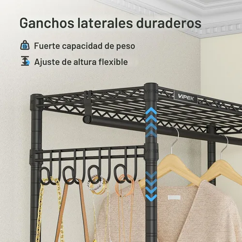 Miniatura 5 de VIPEK R2 Plus - Perchero resistente con 3 niveles de alambre ajustable con varillas dobles y ganchos laterales, estante de almacenamiento Negro