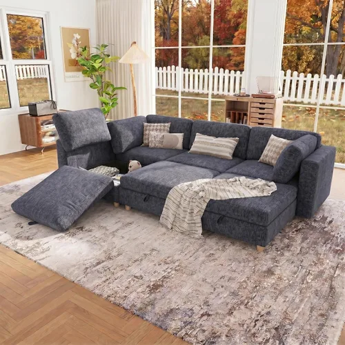 Miniatura 15 de 95.5" Sofá seccional modular de chenilla con almacenamiento oculto, sofá cama convertible en forma de L y U, sofá seccional moderno de 6 plazas