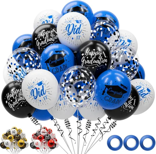 Miniatura 11 de Paquete de 78 globos de graduación 2026, decoraciones de graduación, globos de graduación de 12 pulgadas de oro negro con cintas para decoraciones