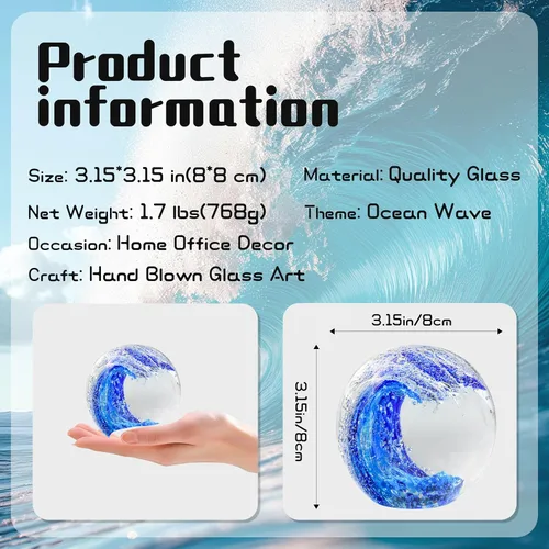 Miniatura 4 de Pisapapeles grande de vidrio de ola oceánica de 3.15 pulgadas, figuras de vidrio de mar sopladas a mano, decoración de olas azules, regalos