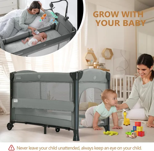 Miniatura 4 de JOYMOR Cuna para bebé, empacar y jugar con moisés y bolsa de transporte, se convierte en cama de noche con ruedas para niños y niñas (gris)