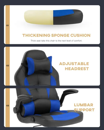 Miniatura 7 de Silla ergonómica para juegos de PC, silla de oficina para computadora con reposabrazos, reposacabezas y soporte lumbar, respaldo alto, silla