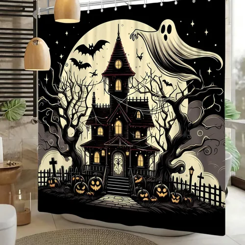 Miniatura 10 de Cortina de ducha divertida de Halloween, espeluznante y bonita, fantasma, calabazas, murciélagos, cortina de baño para niños, decoración