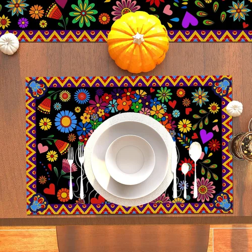 Miniatura 7 de Juego de 4 manteles individuales del Día de los Muertos Dia De Los Muertos, Altar Mexicano de Muertos, decoración y suministros para mesa del hogar