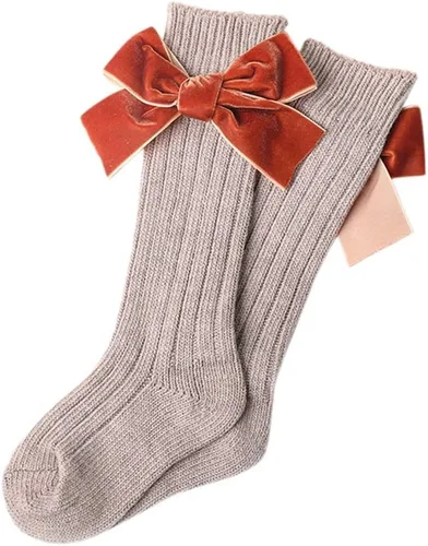 Miniatura 4 de Kayotuas Calcetines altos hasta la rodilla con lazos, calcetines de uniforme con volantes de tubo largo, calcetines de punto acanalado para bebés