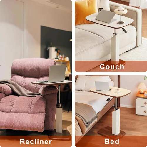 Miniatura 7 de Mesa auxiliar en forma de C de altura ajustable con elevación neumática, ruedas giratorias de 360° y ocultas, mesas auxiliares de sofá que se