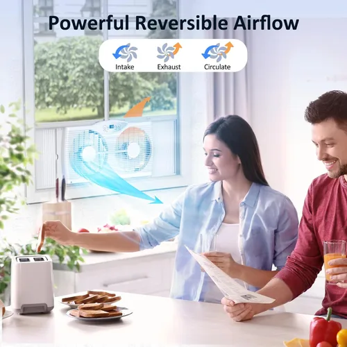 Miniatura 3 de shinic Ventilador de ventana doble, flujo de aire reversible de aspas de 9 pulgadas, control de termostato, 3 velocidades, 3 funciones, ancho