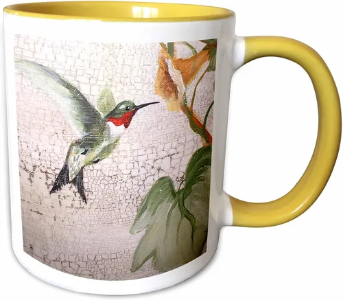 Miniatura 11 de 3dRose Hummingbird by Yellow Trompet Flower on Crackled Background - Taza negra de dos tonos de 11 oz