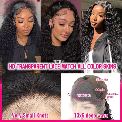 Miniatura 6 de Pelucas de cabello humano ondulado profundo con encaje frontal transparente HD de 13 x 6 pulgadas, pelucas de cabello humano de densidad 200