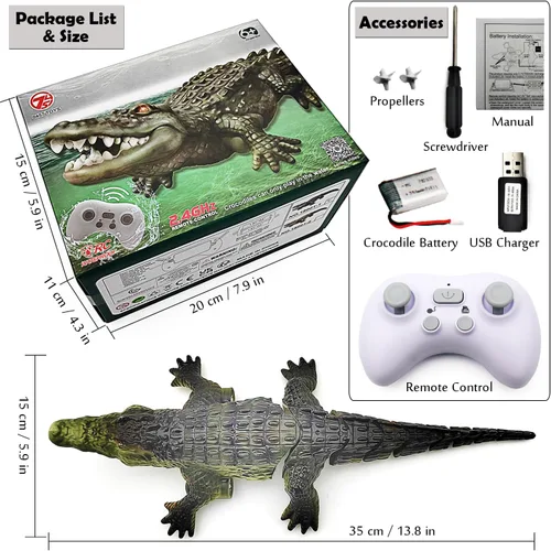 Miniatura 6 de Tipmant Realista RC Cocodrilo Control Remoto Pescado Barco Eléctrico Animal Agua Juguete para Piscina Lago Niños Cumpleaños (Verde)