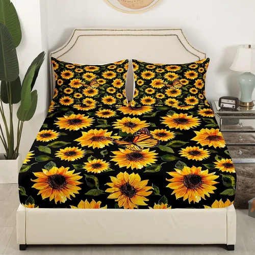 Miniatura 2 de Juego de sábanas con diseño de girasoles para niñas, sábanas de flores amarillas con mariposas, sábana bajera ajustada, patrón de flores elegante