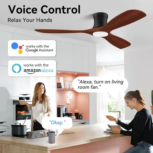 Miniatura 2 de Ventiladores de techo inteligentes de perfil bajo de 52 pulgadas con luces y control remoto, 3 aspas de madera, motor de CC silencioso, ventilador