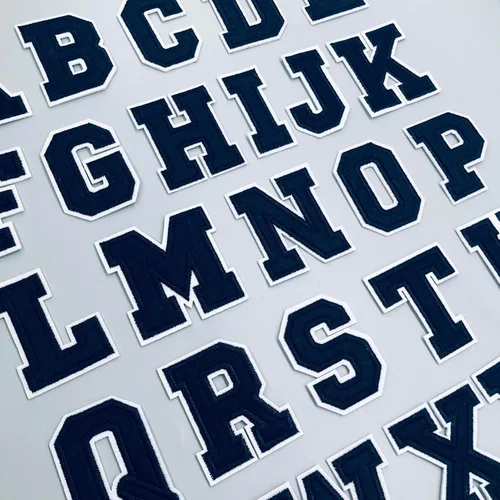Letras y números medianos para planchar para ropa, sombrero Jeysey, chaquetas de letras, ropa bordada, parches de letras universitarias azul marino