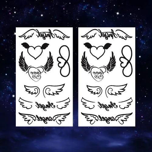 Miniatura 2 de Juego de 2 calcomanías de tatuaje temporal pequeñas, diseño de alas de corazón de ángel para mano, cuello, cara, muñeca, dedo, impermeable, falso