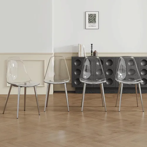 Juego de 4 sillas de comedor transparentes, modernas sillas de plástico acrílico con patas de metal plateado, sillas transparentes de cocina y