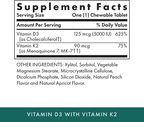 Miniatura 2 de Michael's Naturopathic Programs Vitamina D3 con K2-5000 IU, 90 tabletas masticables - Sabor a albaricoque, suplemento de apoyo del sistema
