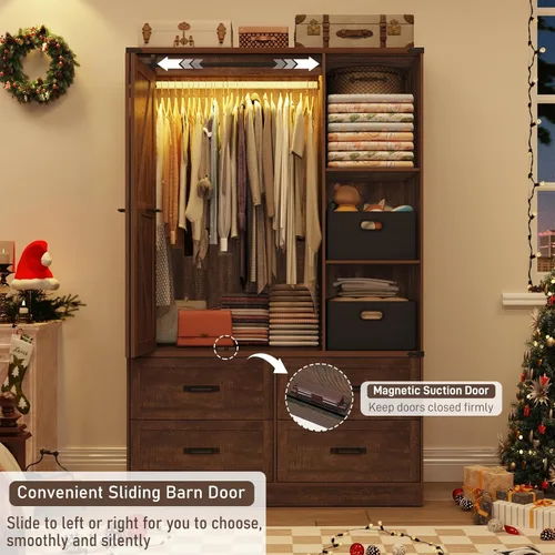 Miniatura 3 de Armario rústico de 3 puertas con puerta corrediza plegable de granero y luces, armario LED con cajones para dormitorio, armario de madera Marrón