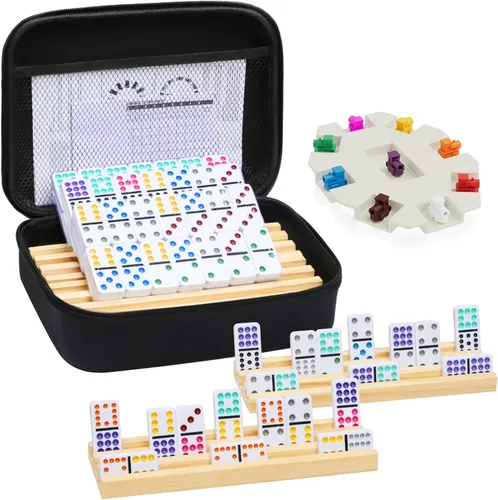 Miniatura 10 de Juego de dominó de tren mexicano con números y 8 bandejas/estantes de madera, juego de dominó doble 12 de viaje con 8 soportes para fichas, juego