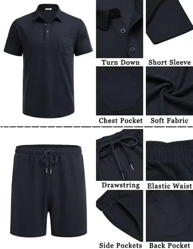 Miniatura 5 de COOFANDY - Conjunto de polo y pantalones cortos de punto acanalado para hombre, 2 piezas, atuendo de verano, traje casual deportivo con bolsillos