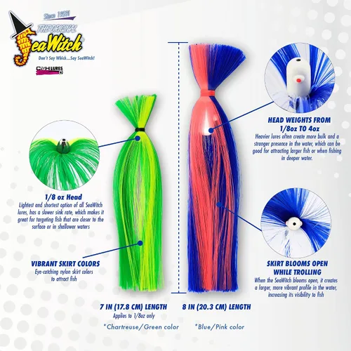 Miniatura 4 de C&H Lures Señuelos de Pesca Sea Witch - Originales Desde 1959, Faldas de Nylon Revelan Cabeza con Peso, 15 Colores, 8 Pesos de Cabeza, Señuelo