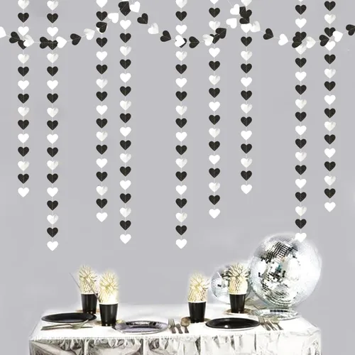 Miniatura 7 de Guirnalda de corazones para decoración de fiesta en negro, blanco y plata - 52 pies para cumpleaños de 21 años, víspera de Año Nuevo, fondo