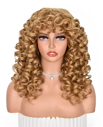 Miniatura 14 de ANNISOUL Pelucas rizadas marrones para mujeres negras, peluca afro larga con flequillo para mujeres, fibra sintética sin pegamento, pelo voluminoso