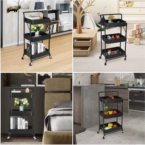 Miniatura 7 de Carrito plegable de metal de 3 niveles, carrito organizador plegable de almacenamiento multifunción para oficina en casa y biblioteca (negro)