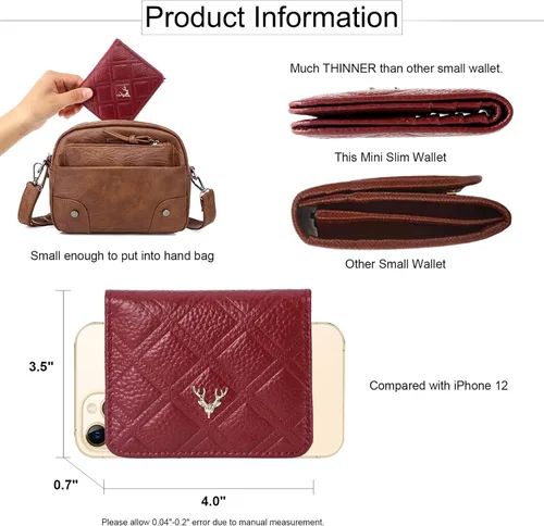 Miniatura 4 de Billetera para mujer, con bloqueo RFID, pequeña, compacta, plegable, de piel auténtica, con bolsillo, mini carteras para mujeres