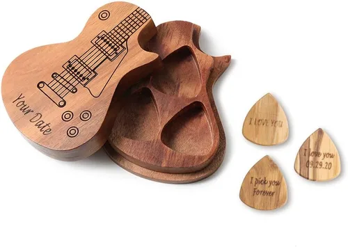 Gemszoo Púas de guitarra personalizadas para cualquier mensaje, paquete de 3 en caja de madera para guitarra, regalo musical para guitarra (estilo 1)