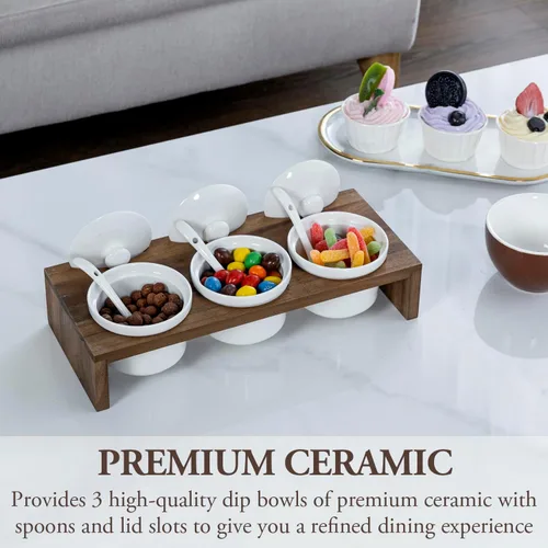 Miniatura 8 de MyGift Juego de Servir de Condimentos de 10 Piezas Incluye Bandeja de Presentación Elevada de Madera Sólida de Acacia Premium y 3 Cuencos